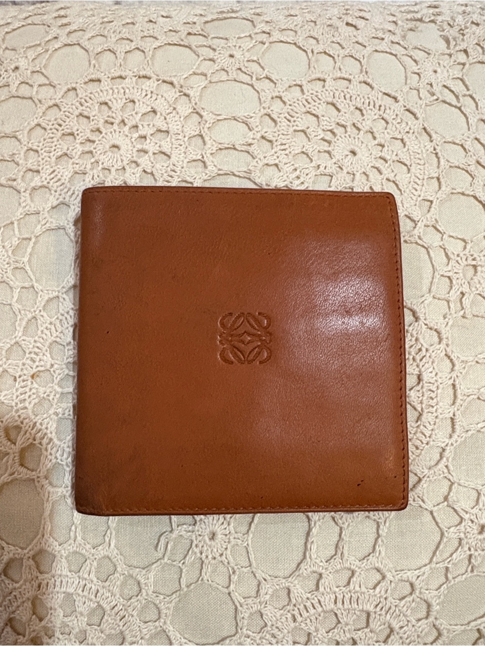 Vintage LOEWE Madrid Anagram Tan Leather Trifold Coin Wallet Spain